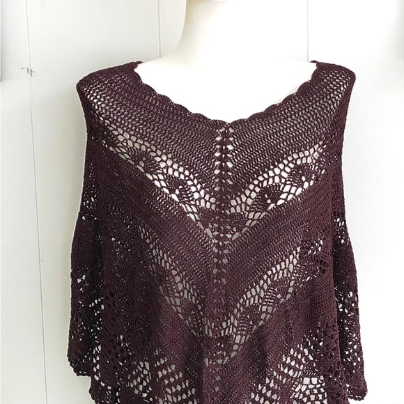 Vintage Bette Sung Brown Open Crochet Poncho - Picture 1 of 8